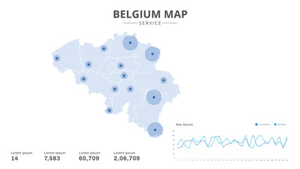 Service centers are highlighted within the of Belgium Infographic map. Business Infographic Map of Belgium. Vector Map of a Belgium map. Easy to edit
