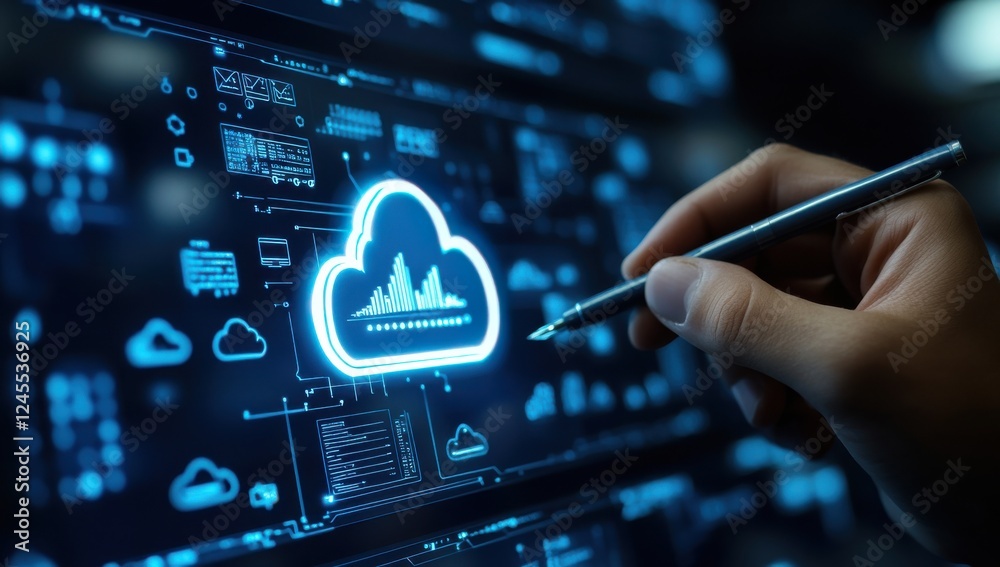 Poster futuristic hand interacting with digital cloud interface displaying data visualization and analytics
