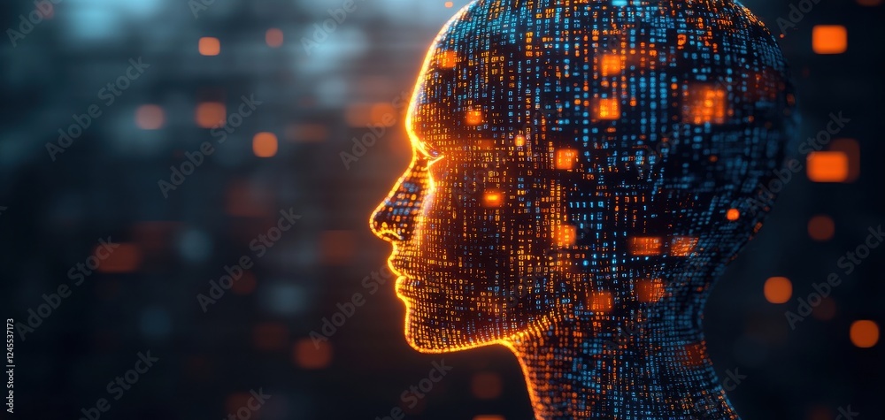 Poster futuristic human face with digital data and binary code, representing artificial intelligence and te