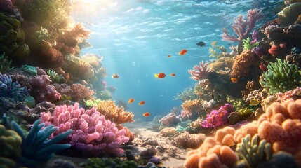 Naklejka premium Vibrant Coral Reef Underwater Habitat Teeming with Marine Life and Colorful Fish Sunlit Tropical Ecosystem Showcasing the Diverse Beauty and Tranquility of the Ocean s Aquatic World