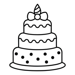 Black and White Birthday Cake Outline with Candle and Bow. Line art birthday cake icon, Set of silhouette birthday cake vector illustration