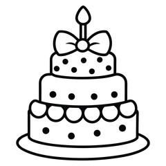 Black and White Birthday Cake Outline with Candle and Bow. Line art birthday cake icon, Set of silhouette birthday cake vector illustration