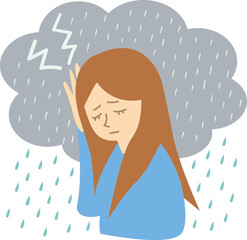 天気痛　気象病　気圧　頭痛　女性　イラスト