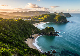 Coastal landscape with lush greenery and rocky shoreline. Ocean waves gently lap at the beach. Nature's beauty.