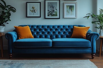 Elegant living room with blue velvet sofa, wooden legs, coffee tables, and framed pictures on white walls. Soft lighting enhances textures and depth.