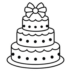 Black and White Birthday Cake Outline with Candle and Bow. Line art birthday cake icon, Set of silhouette birthday cake vector illustration