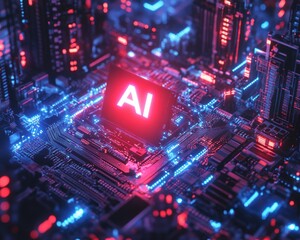 Fototapeta premium Futuristic Microchip Surrounded by Vibrant Neon Lights Representing Artificial Intelligence Technology and Modern Cybernetic Cityscape