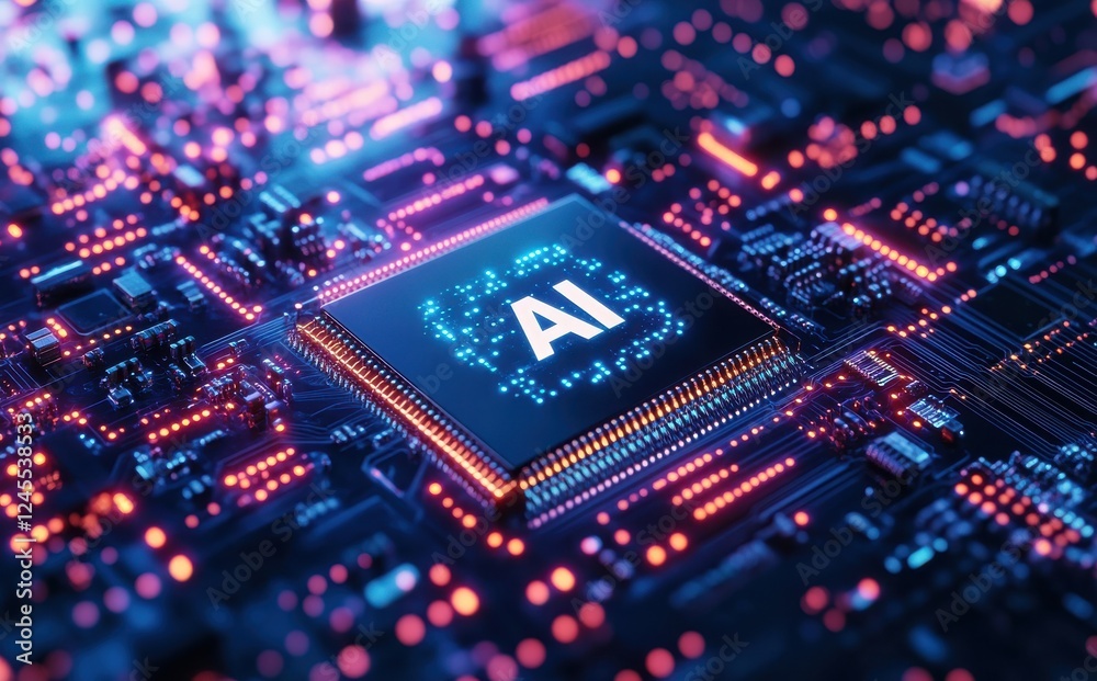 Poster futuristic microchip with ai technology symbol surrounded by glowing circuit patterns in a high-tech