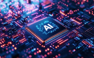 Obraz premium Futuristic Microchip with AI Technology Symbol Surrounded by Glowing Circuit Patterns in a High-Tech Digital Environment