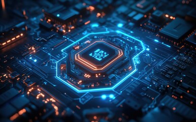 Fototapeta premium Futuristic Microchip with Glowing Blue Lights and Complex Circuitry Pattern on a High-Tech Background