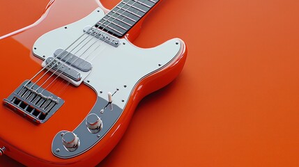 Fototapeta premium Orange electric guitar on orange background; music, instrument, studio shot