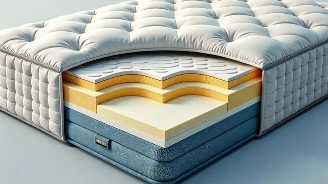A mattress is shown with the top and bottom layers visible. The top layer is white and the bottom layer is blue
