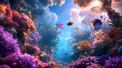 Naklejka premium Stunning view of a vibrant underwater coral reef ecosystem filled with a diverse array of colorful tropical fish and other marine life
