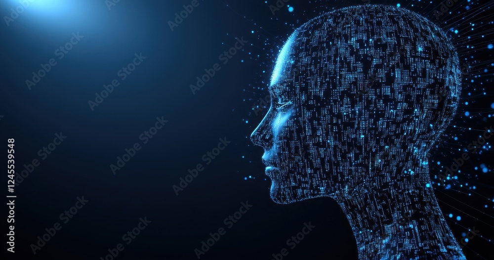 Poster futuristic profile of a digital human head constructed with data and binary code against a dark back