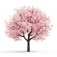 A beautiful cherry blossom tree with clusters of pink flowers, standing out against a clean white background.