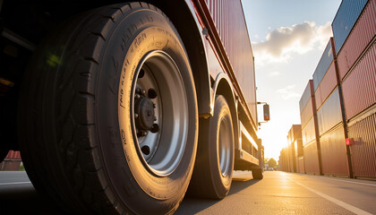 Truck tires and containers at sunset - Transportation and logistics for global supply chain