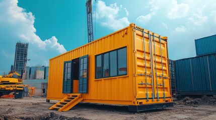 Yellow shipping container converted into a modern office on a construction site.