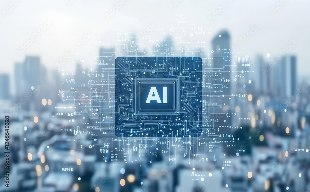Poster futuristic representation of artificial intelligence with circuit patterns and city background for t