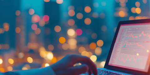 hands deftly typing on a keyboard as dynamic financial graphs are displayed on the monitor, symbolizing robust business growth