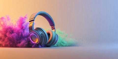 Vibrant Audio Experience: Wireless Headphones in a Colorful Powder Cloud