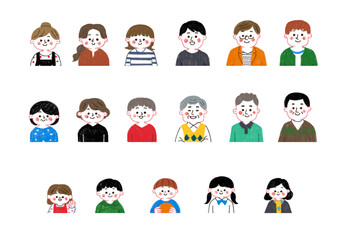色鉛筆で描いたいろんな人物の上半身イラストセット