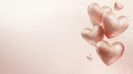 Glittering Rose Gold Heart Shapes on Soft Background for Valentine's Day