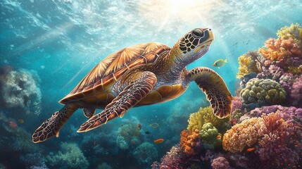 Graceful Sea Turtle Swimming Above Vibrant Coral Reef Ecosystem