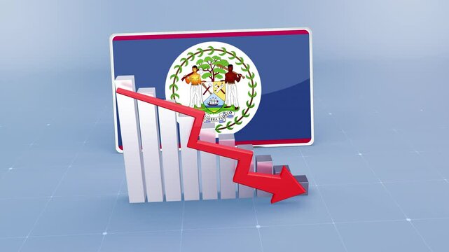 Belize country flag and bar chart graph showing decreasing values a red arrow economic crisis concept. Flag of The Belize