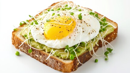 Whole wheat toasted bread with avocado, poached egg, pea sprouts and cheese over white background. Top view. Healthy diet breakfast