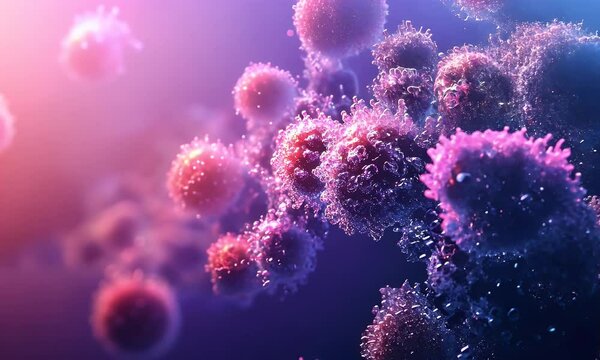 Microscopic Cancer Cells Disintegrating, Medical Research, Pink-Blue Background