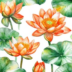 Fototapeta premium A bright and lively watercolor of water lilies with orange petals and fresh green leaves, on a pure white background