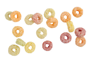 colorful corn rings isolated on white background with clipping path. Tasty ring cereals