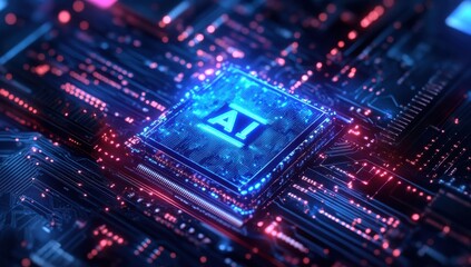 Obraz premium Futuristic Technology Concept with Advanced AI Chip Surrounded by Glowing Circuitry and Digital Elements in Blue and Red Hues for Modern Innovation