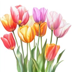 Obraz premium A charming array of blooming tulips in watercolor style, highlighted on a white background