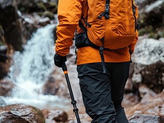 Adventurer exploring mountain trail with waterfall using hiking poles