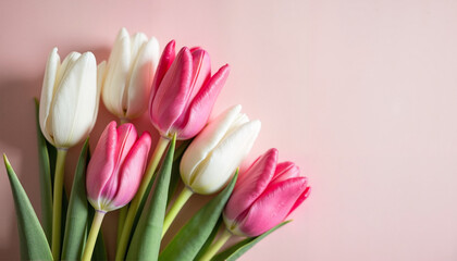 Obraz premium Fresh tulips in pink and white colors arranged beautifully against a soft background