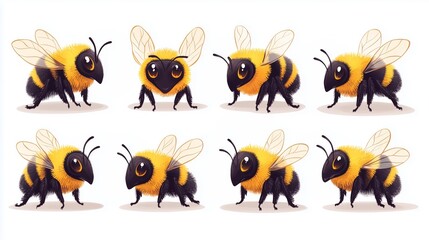 Fototapeta premium Eight cute bumblebees showing different poses and expressions