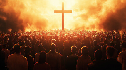 Group of people in front of cross, soft tone, Jesus Christ God holy spiritual gospel salvation faith grace. Sin redemption resurrection crucifixion heaven. Worship disciples Kingdom God forgiveness.