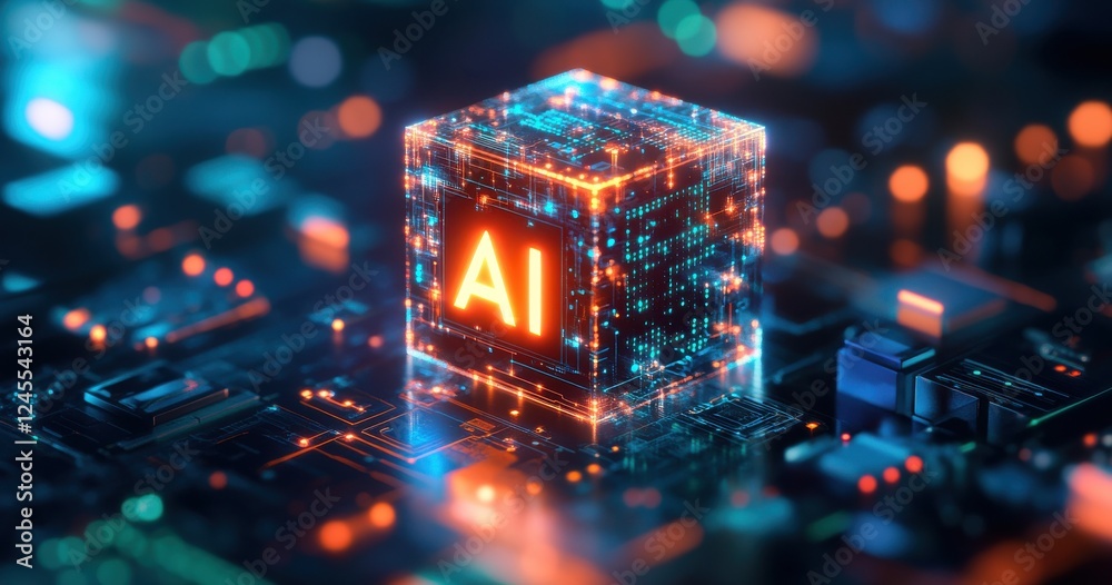 Poster glowing ai chip surrounded by high-tech circuit board in futuristic digital environment with neon li
