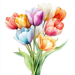 Obraz premium A cluster of multicolored tulips in a delicate watercolor style, isolated on a white background