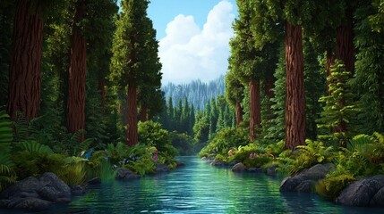 Serene River Flowing Through Lush Green Forest Landscape