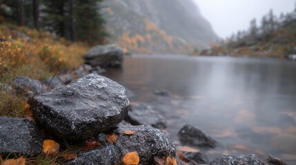 Obraz premium Autumnal lake, rain, mountain backdrop, tranquil scene, nature photography