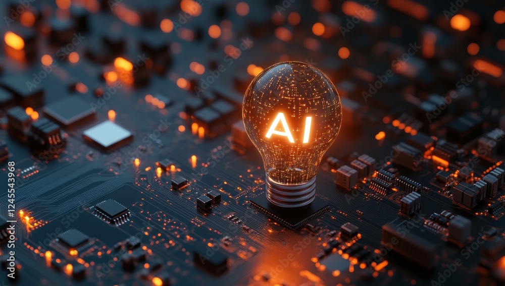 Poster glowing light bulb with ai text on circuit board background representing artificial intelligence and