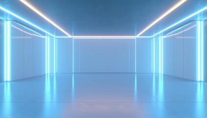 Empty room with blue neon lighting and soft light effects, ideal for clean modern product displays.