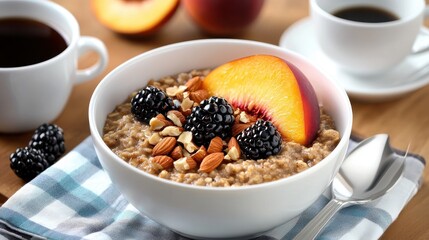 Oatmeal porridge bowl with hazelnuts, peach and blackberry served with cup of coffee. Healthy breakfast, healthy eating, dieting concept