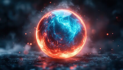 Obraz premium Glowing Sphere of Energy with Blue and Orange Flames on Dark Background, Digital Art Concept of Power, Electricity and Cosmic Forces