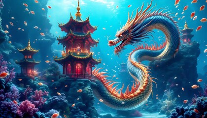 Obraz premium Majestic Underwater Dragon with Chinese Temples