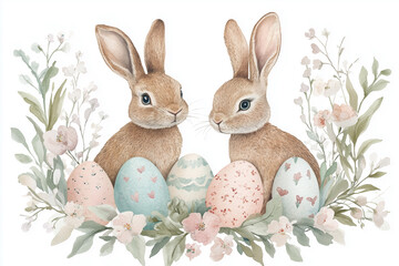 Fototapeta premium A beautifully illustrated Easter greeting card featuring watercolor bunnies, decorated eggs, and a delicate wreath of spring flowers in soft pastel shades