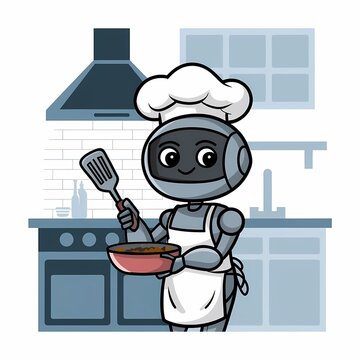 Cartoon design of a cute robot wearing a chef hat and cooking in the kitchen