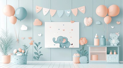 Playful nursery decor featuring an elephant illustration, soft colors, and festive balloons